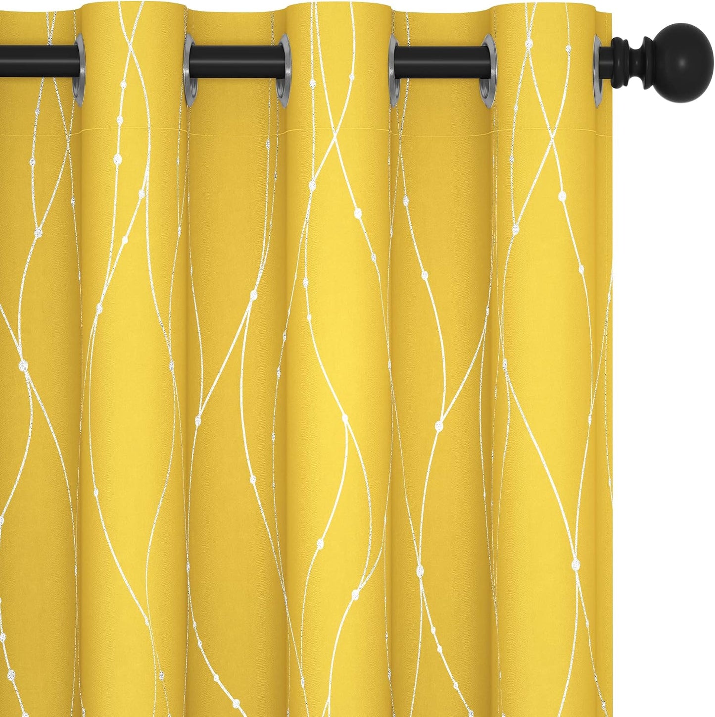 Deconovo Blackout Curtains, Yellow Thermal Insulated Grommet Drapes, Silver Wave Dots Foil Print, Light Blocking Panels, 52" W x 95" L, 2 Panels, for Bedroom Living Room Sliding Door