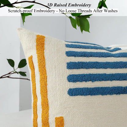 Modern Geometric Embroidered Throw Pillow Covers 18x18 Set of 2 Textured Tufted Patterned Cotton Boho Pillow Covers Spring Decorative for Couch Bed Living Room Outdoor Yellow and Blue