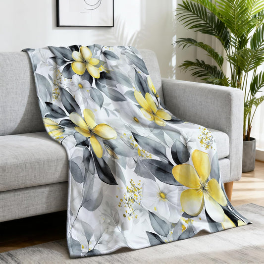 The Watercolor Throw Blanket 60" x 80", Flowers Gray Printed Blankets Gifts for Women Men Kids Fleece Cozy Fuzzy Lemon Yellow Blanket for Birthday Christmas Room Decor