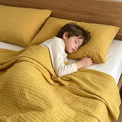 100% Cotton Blanket, Cooling Breathable and Soft for Summer, Breathable Waffle Blanket, Thick Cozy Waffle Weave Gifts, All Season (Yellow, S)
