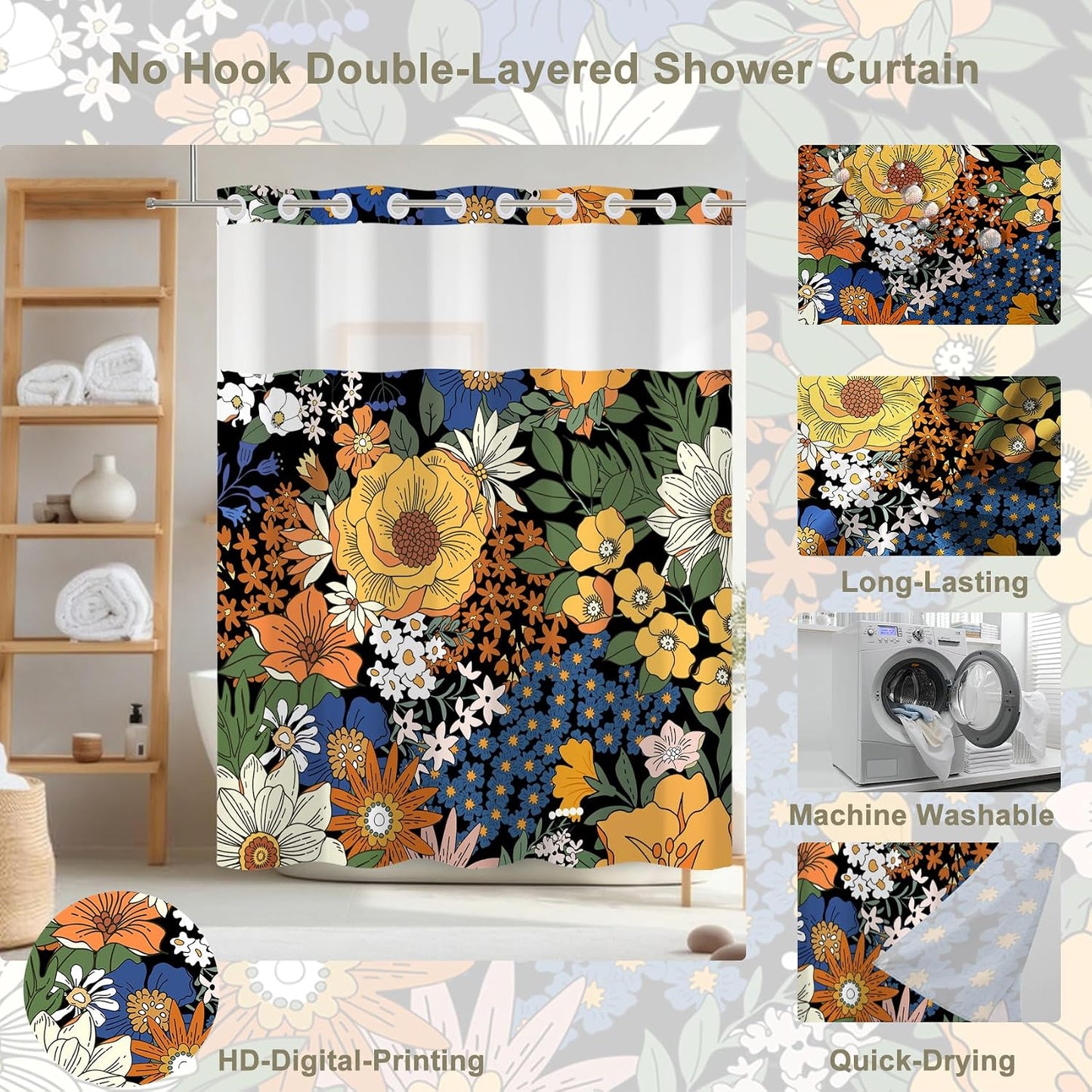 No Hook Shower Curtain,Dark Boho Flower Double-Layered Shower Curtain with Snap-in Liner and Weights,Yellow Blue Flower Floral Fabric Bath Curtain with See Through Mesh, 71x74in