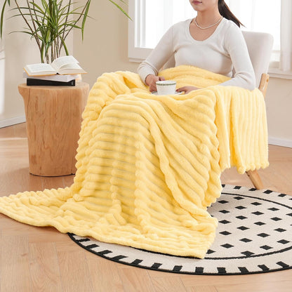 Vessia Flannel Fleece Throw Blanket for Couch,Sofa,Bed, 300GSM Striped Light Yellow Throw Blanket for Adults and Kids, Super Soft Warm Cozy Lightweight Home Decor for All-Season(50x70inch)