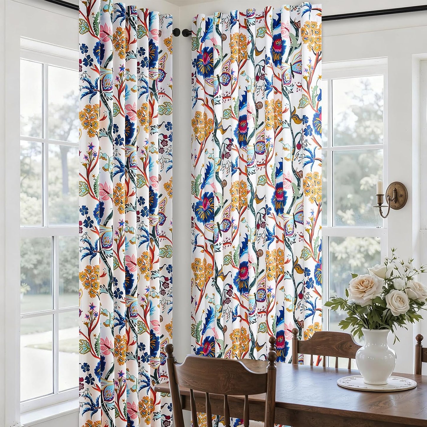 Topfinel Blackout Curtains for Bedroom Butterfly Flower Boho Farmhouse 72 Inch Long Drapes for Dining Room Living Room Royal Blue and Yellow French Country Hooks Rings Window Drapes,2 Panels
