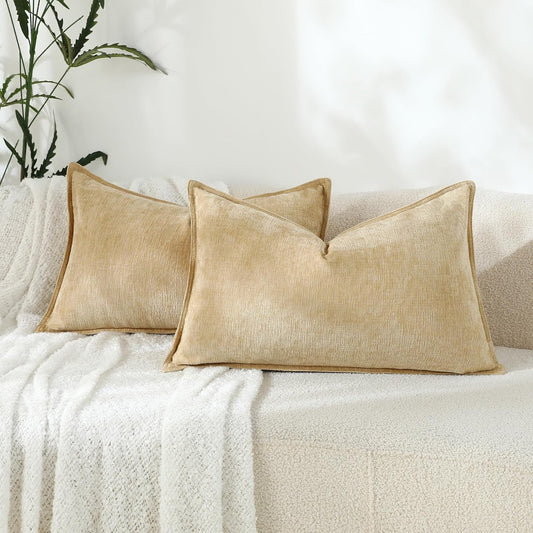 Stellhome Lumbar Chenille Throw Pillow Covers Set of 2 Super Soft Textured Decorative Pillow Covers Accent Solid Cushion Cover for Couch Sofa Bedroom Living Room 12x20 Inch, Yellow
