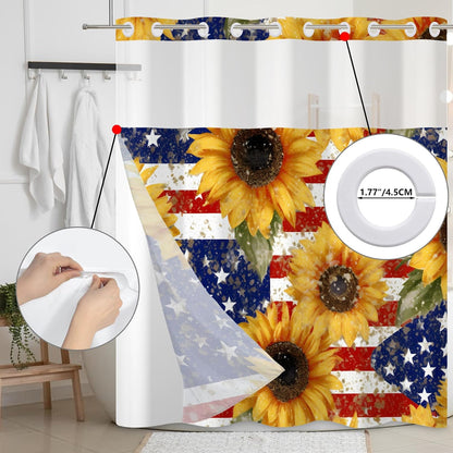 4th of July No Hook Shower Curtain with Snap in Liner Independence Day America Flag Memorial Day Sunflowers Double Layers See Through Top Window Open Grommet Bath Curtain 71x74 Inch