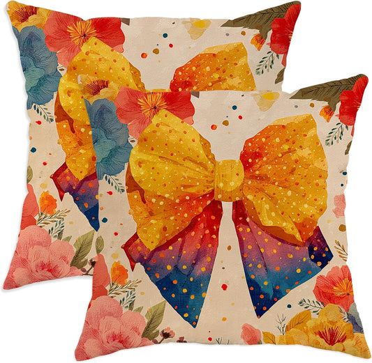 Vintage Floral Bow Throw Pillow Covers Set of 2, Bright Yellow Decorative Cushion Cases, Spring Summer Festive Home Sofa Decor, Chic Modern Style for Living Room Bedroom 20x20 Inch