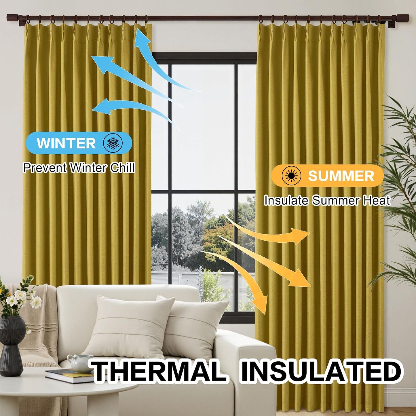 Gold Yellow Pinch Pleated Curtains 84 Inch Length Full Blackout Linen Blend Window Curtains for Living Room Bedroom Thermal Insulated Room Darkening Drapes 1 Panel 60"x84"