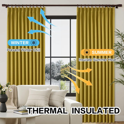 Gold Yellow Pinch Pleated Curtains 84 Inch Length Full Blackout Linen Blend Window Curtains for Living Room Bedroom Thermal Insulated Room Darkening Drapes 1 Panel 60"x84"
