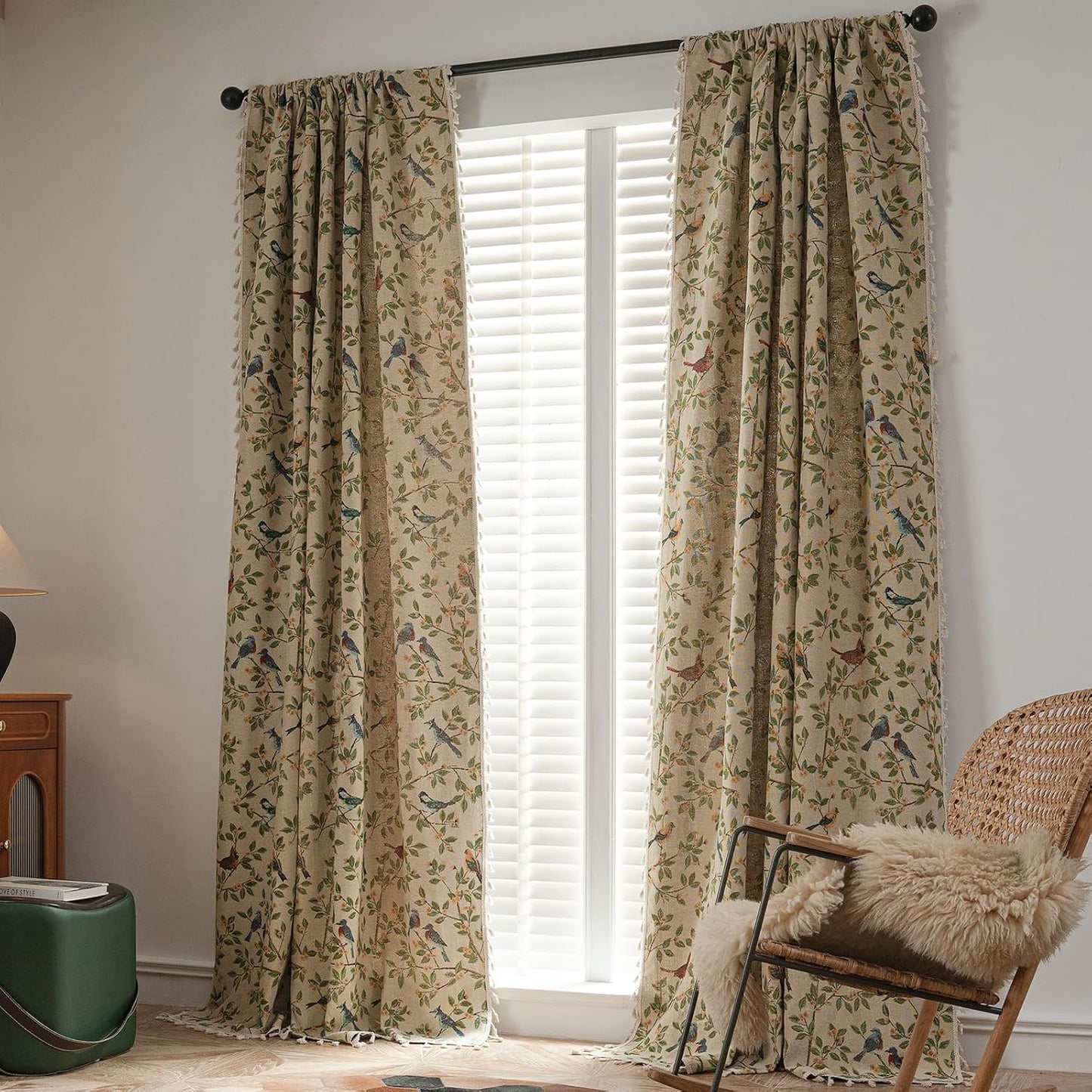 Farmhouse Bird Jacquard Curtain Panels with Tassel 78 Inches Botanical Pattern Light Reducing Thermal Insulated Rod Pocket Curtains/Panels/Drapes for Living Room (Yellow,59"x78")