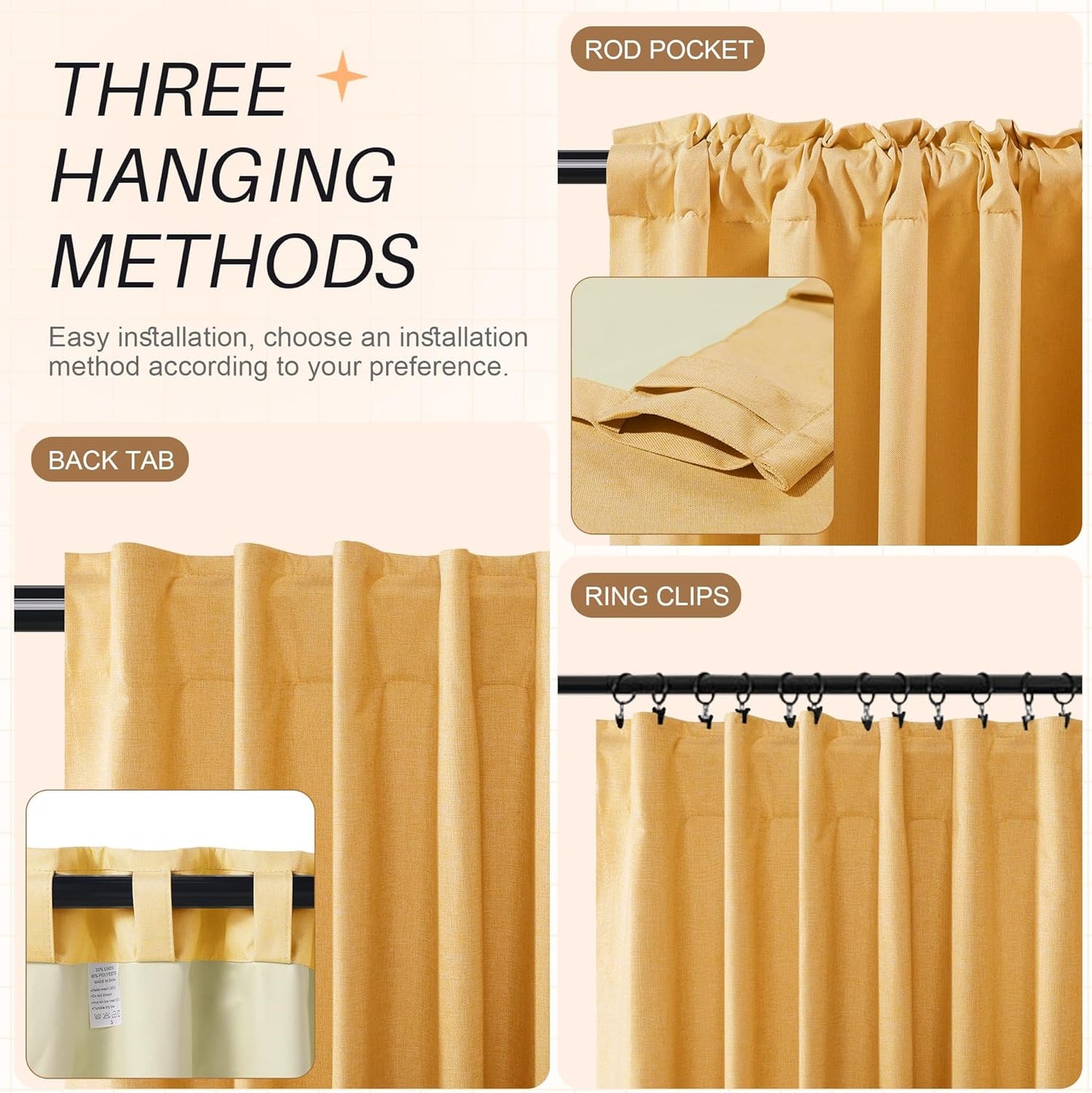 Etherealveil 100% Blackout Linen Curtains 52x96 inches-2 Panels, Mustard Yellow Rod Pocket & Back Tab Drapes Soundproof Thermal Insulated for Living Room Bedroom Patio Door 52" W x 96" L