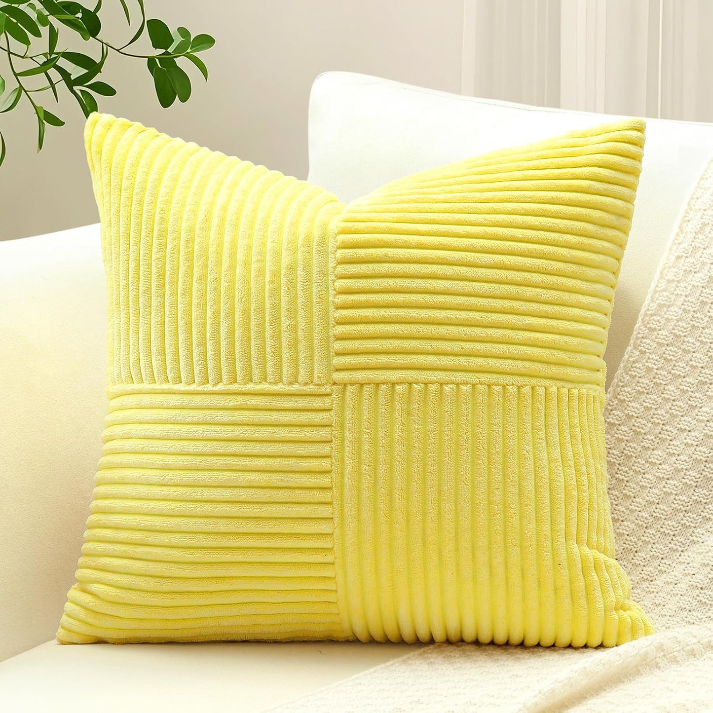 OTOSTAR Set of 1 Decorative Throw Pillow Cover Soft Corduroy Solid Square Pillow Case Boho Striped Cross Patchwork Textured Cushion Cover for Sofa Car Patio Bedroom Living Room 20x20 Inch, Yellow