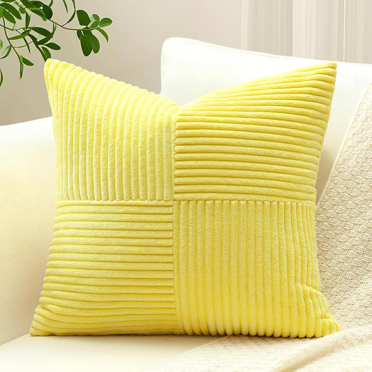 OTOSTAR Set of 1 Decorative Throw Pillow Cover Soft Corduroy Solid Square Pillow Case Boho Striped Cross Patchwork Textured Cushion Cover for Sofa Car Patio Bedroom Living Room 20x20 Inch, Yellow