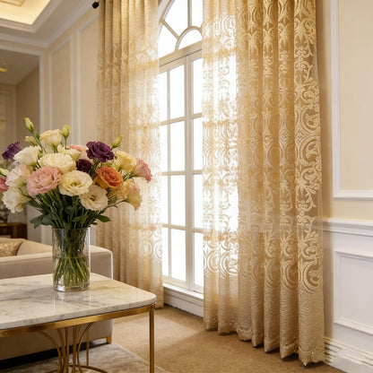 European Style Sheer Curtain - Grommet Top Luxury Window Screening for Living Room, Bedroom, Balcony - Hollow Semi-Shading Voile, Simple Modern Drape