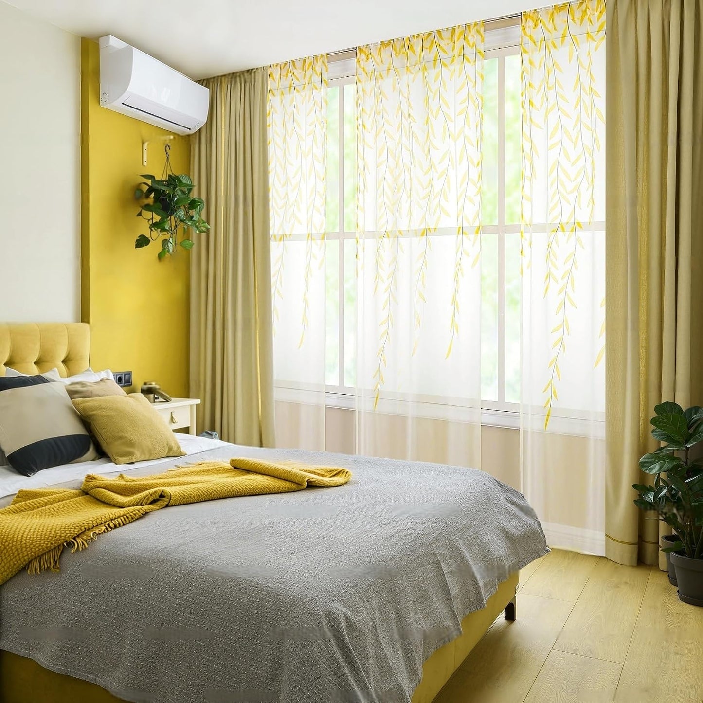 BROSHAN Yellow Sheer Curtain 108 inches Long for Living Room 2 Panels Set, Bright Yellow Leaf Pattern Curtains Printed Bedroom Curtain Sheers Rod Pocket Transparent Voile Window Treatment Drapes