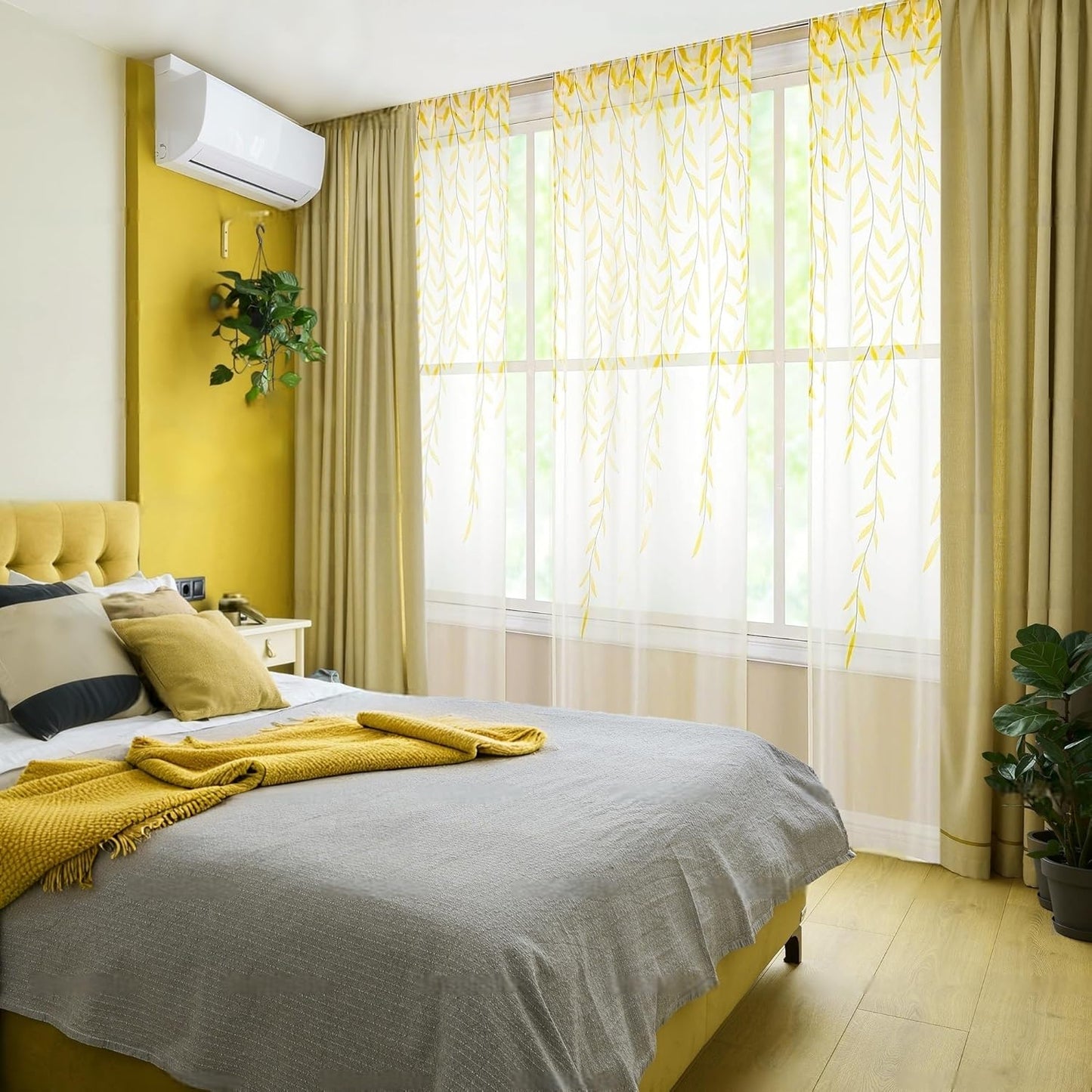 BROSHAN Yellow Sheer Window Curtains 2 Panels, Light Yellow Curtain Sheers Vine Leaves Pattern Voile Bedroom Curtains Rod Pocket Transparent Drapes for Living Room