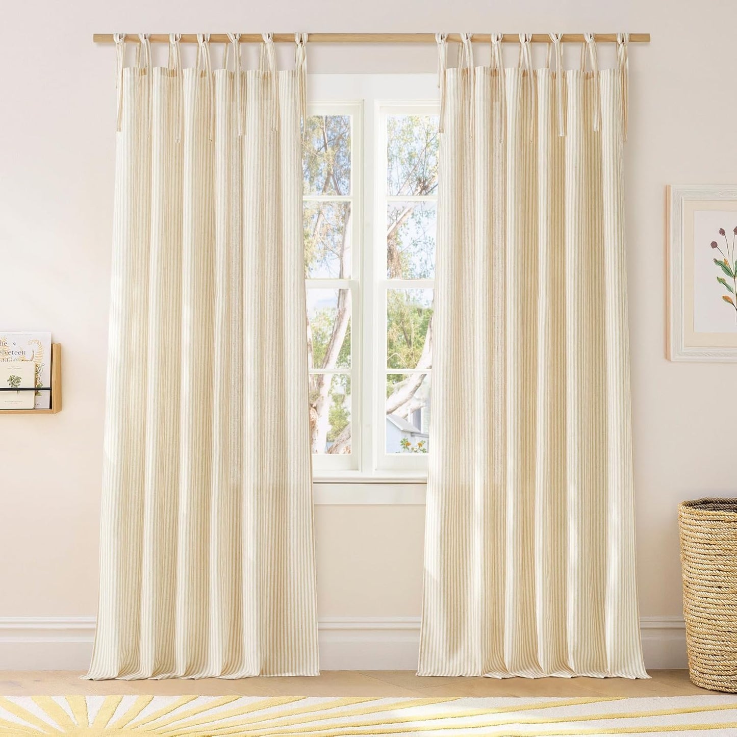 NICETOWN Cream Yellow Window Curtains for Bedroom, Tie Top Striped Print Thick Linen Light Filtering Window Treatments DIY Crafted Privacy for Kids Room, W52 x L84, 2 Panels