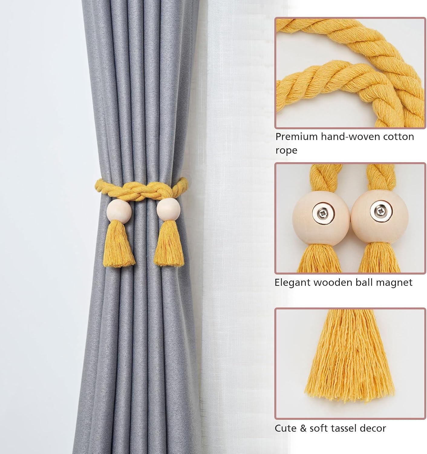 NICEEC 4 Pack Wooden Ball Magnetic Curtain Tiebacks Boho Home Decor Drape Tie Backs Natural Cotton Hand Woven Rope Curtain Holdbacks for Thin & Thick Home & Office Window Draperies (Yellow)