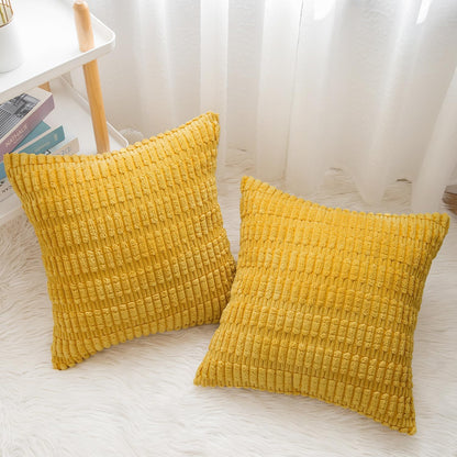 Corduroy Decorative Throw Pillow Covers, Boho Stripe Soft Square Cushion Case Home Decor for Living Room Couch Bed Sofa, Set of 2 Pack, Mustard Yellow, 26x26 Inch