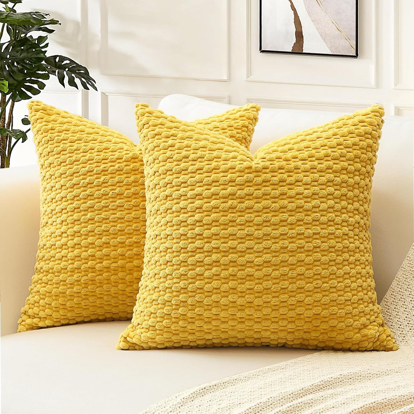 OTOSTAR Pom Poms Decorative Corduroy Throw Pillow Covers 16x16 Inch Super Soft Boho Striped Square Cushion Covers Case Geometric for Sofa Couch Bedroom Car Decor Set of 2, Yellow