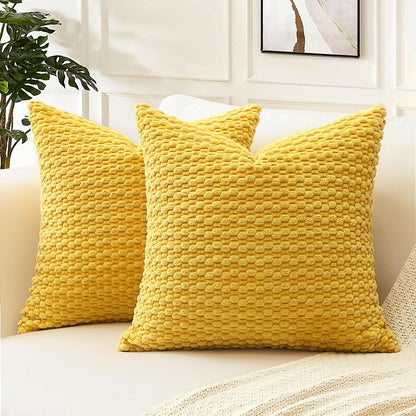 OTOSTAR Pom Poms Decorative Corduroy Throw Pillow Covers 16x16 Inch Super Soft Boho Striped Square Cushion Covers Case Geometric for Sofa Couch Bedroom Car Decor Set of 2, Yellow