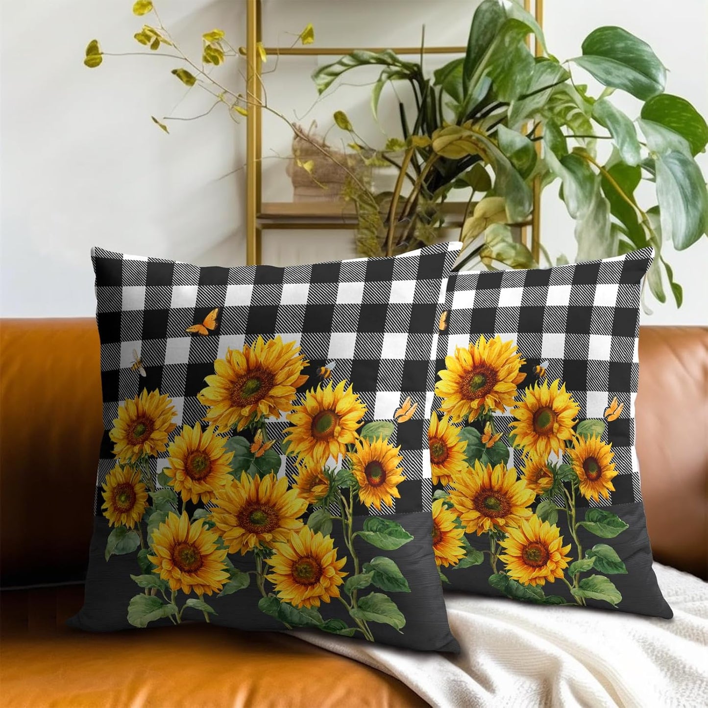 Spring Summer Pillow Covers - Sunflower Throw Pillow Covers Pack of 2 Floral Pillowcases Buffalo Plaid Cushion Cover 18x18 for Couch Bench Sofa Yellow