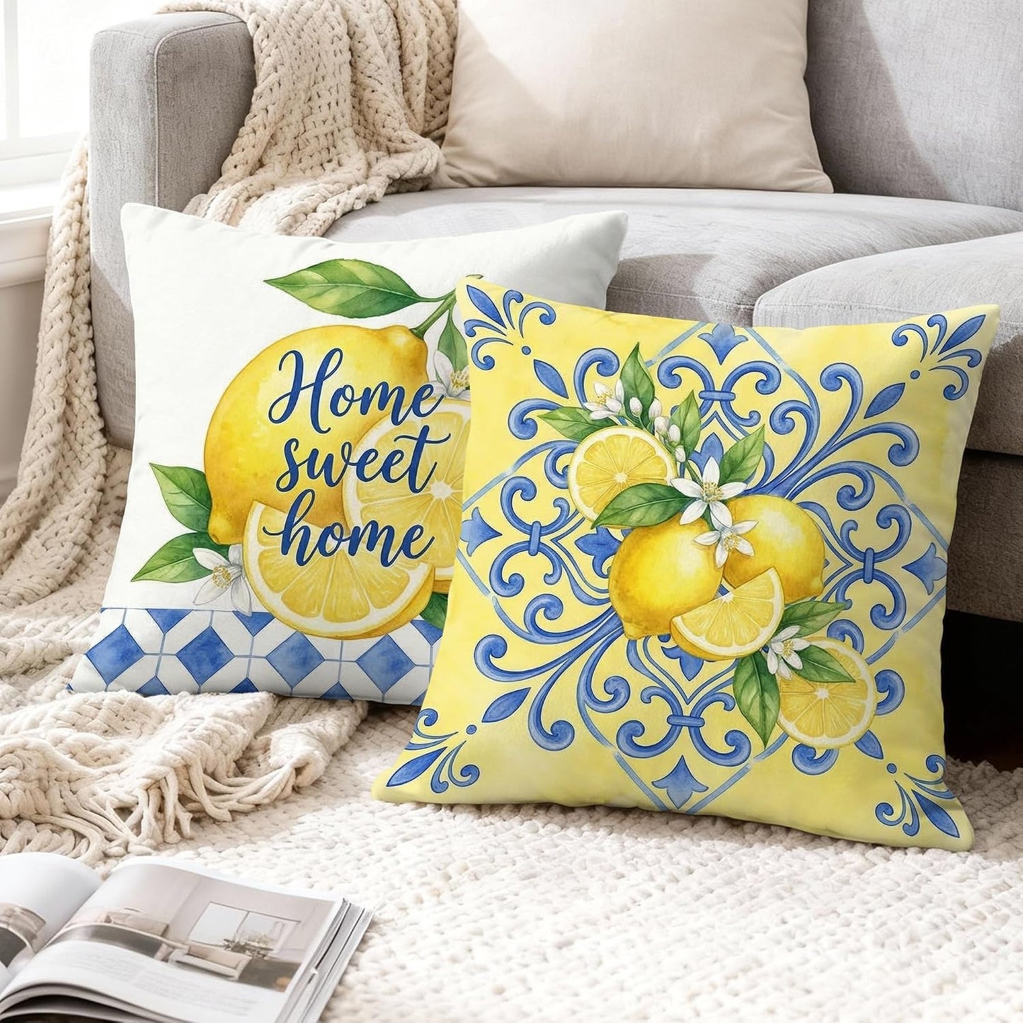 Lemon Throw Pillow Covers Set of 4, Farmhouse Rustic Flower Blue Pattern Summer Yellow with Hidden Zipper Cushion Covers Pillow for Living Room Bedroom Loft Office Car Decor 16x16 Inch