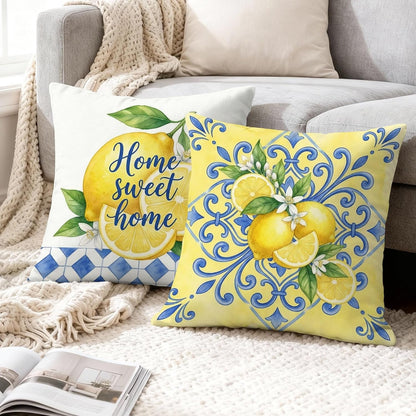 Lemon Throw Pillow Covers Set of 4, Farmhouse Rustic Flower Blue Pattern Summer Yellow with Hidden Zipper Cushion Covers Pillow for Living Room Bedroom Loft Office Car Decor 16x16 Inch