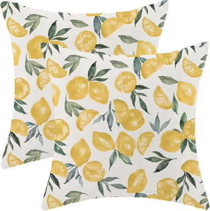 Yellow Lemon Pillow Covers 18x18 Inch Set of 2 Summer Throw Pillows Outdoor Decorative Seasonal Spring Summer Yellow Lemon Green Leaves Pillowcases Linen Cushion Covers for Sofa Couch