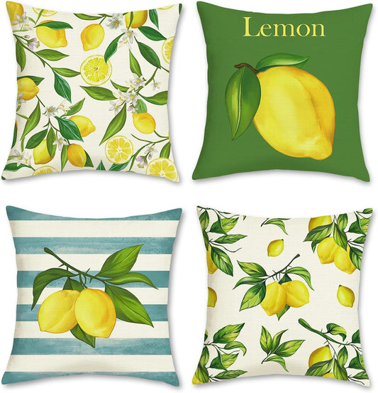 Bonhause Summer Lemon Pillow Covers 18 x 18 Inch Set of 4 Yellow Fruit Floral Green Leaves Outdoor Decorative Polyester Linen Pillowcases for Sofa Couch Bedroom Home Décor