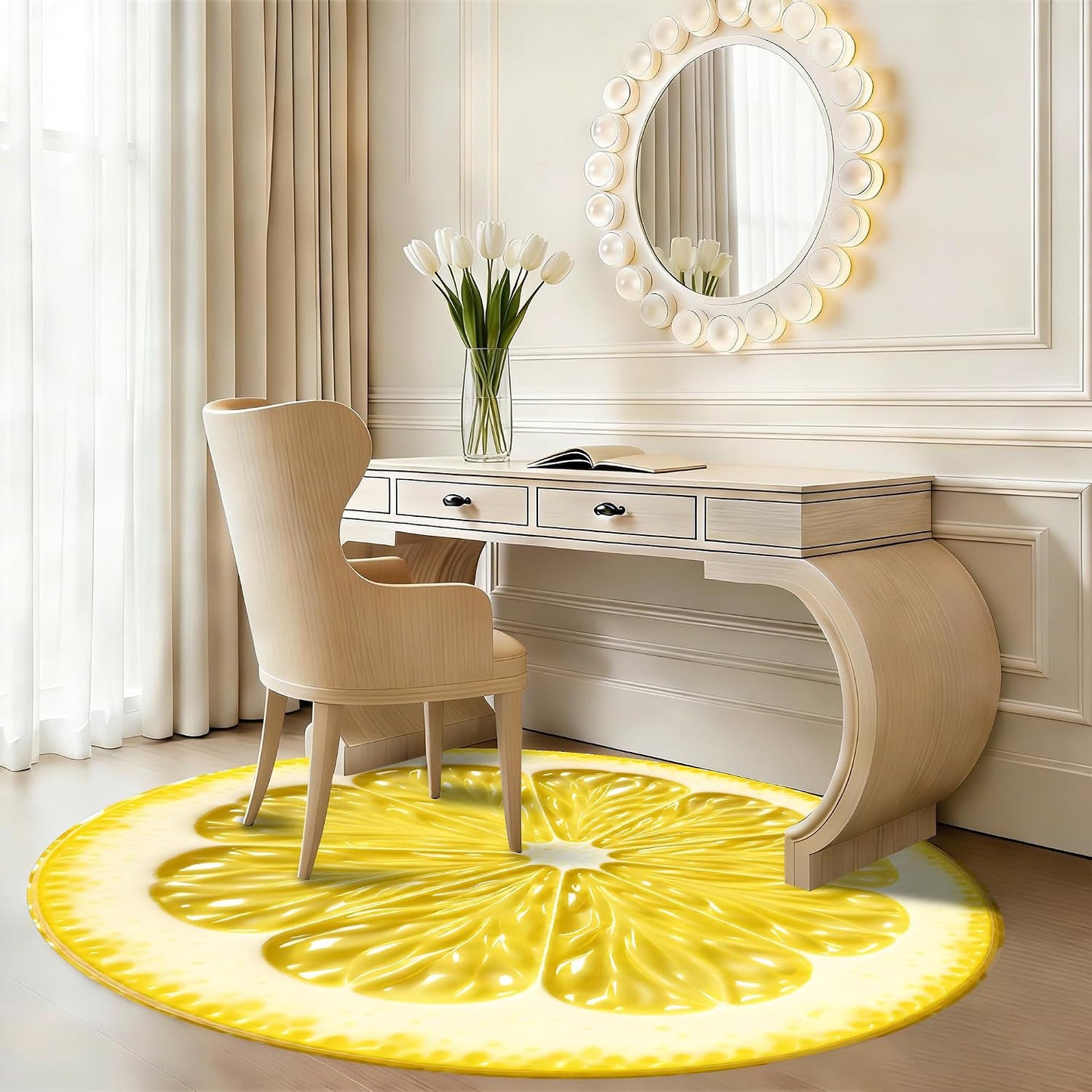 Summer Lemon Rug 5Ft for Bedroom Kitchen Living Room Home Office Dining Room Nursery Fresh Lemon Slice Design Round Area Rug Floor Carpet Yellow Circle Decorative Rugs