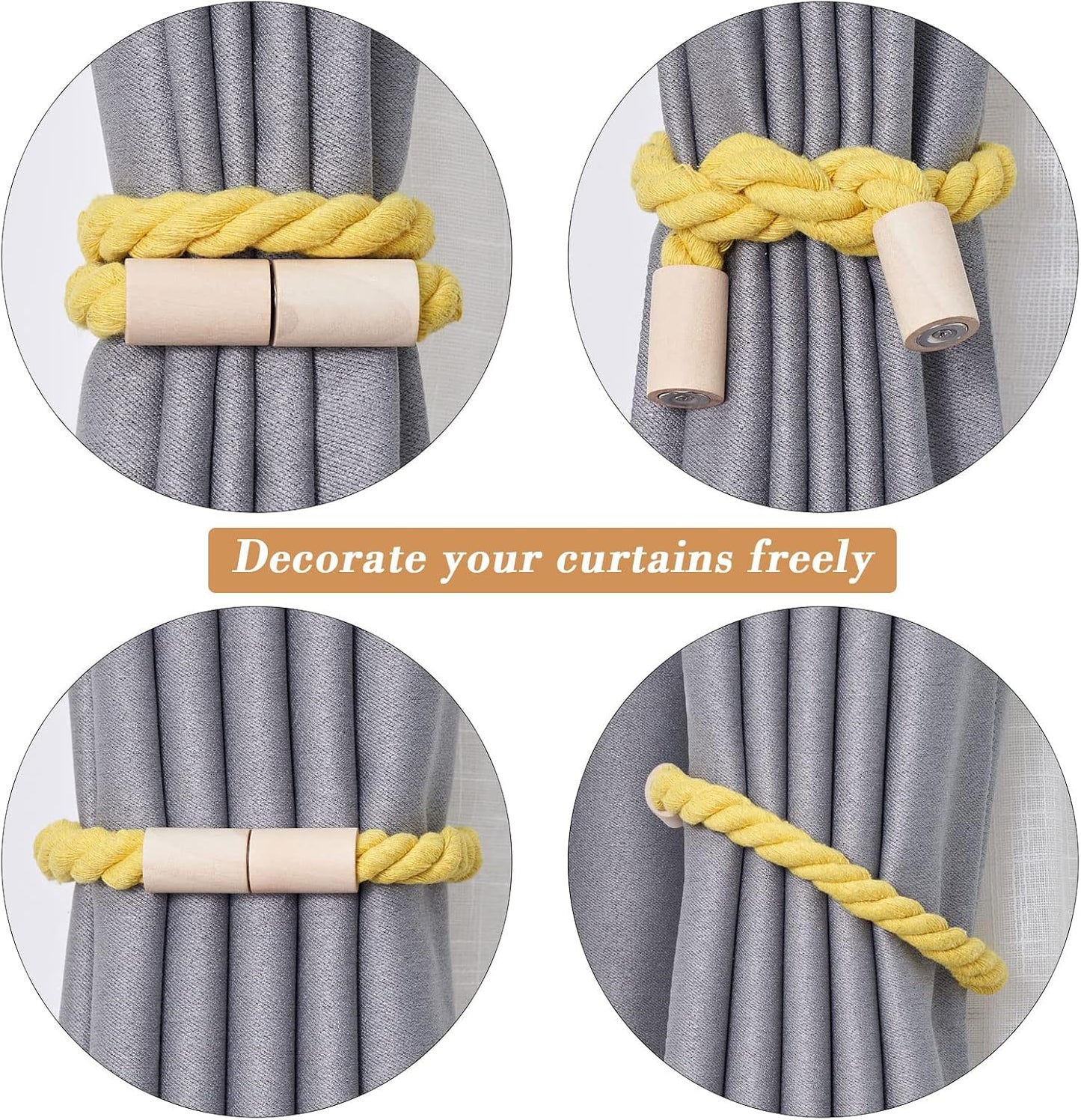 NICEEC 2 Pack Wooden Magnetic Curtain Tiebacks Boho Home Decoration Drape Tie Backs Natural Cotton Handmade Rope Curtain Holdbacks for Thin or Thick Home & Office Window Drapery (Yellow)