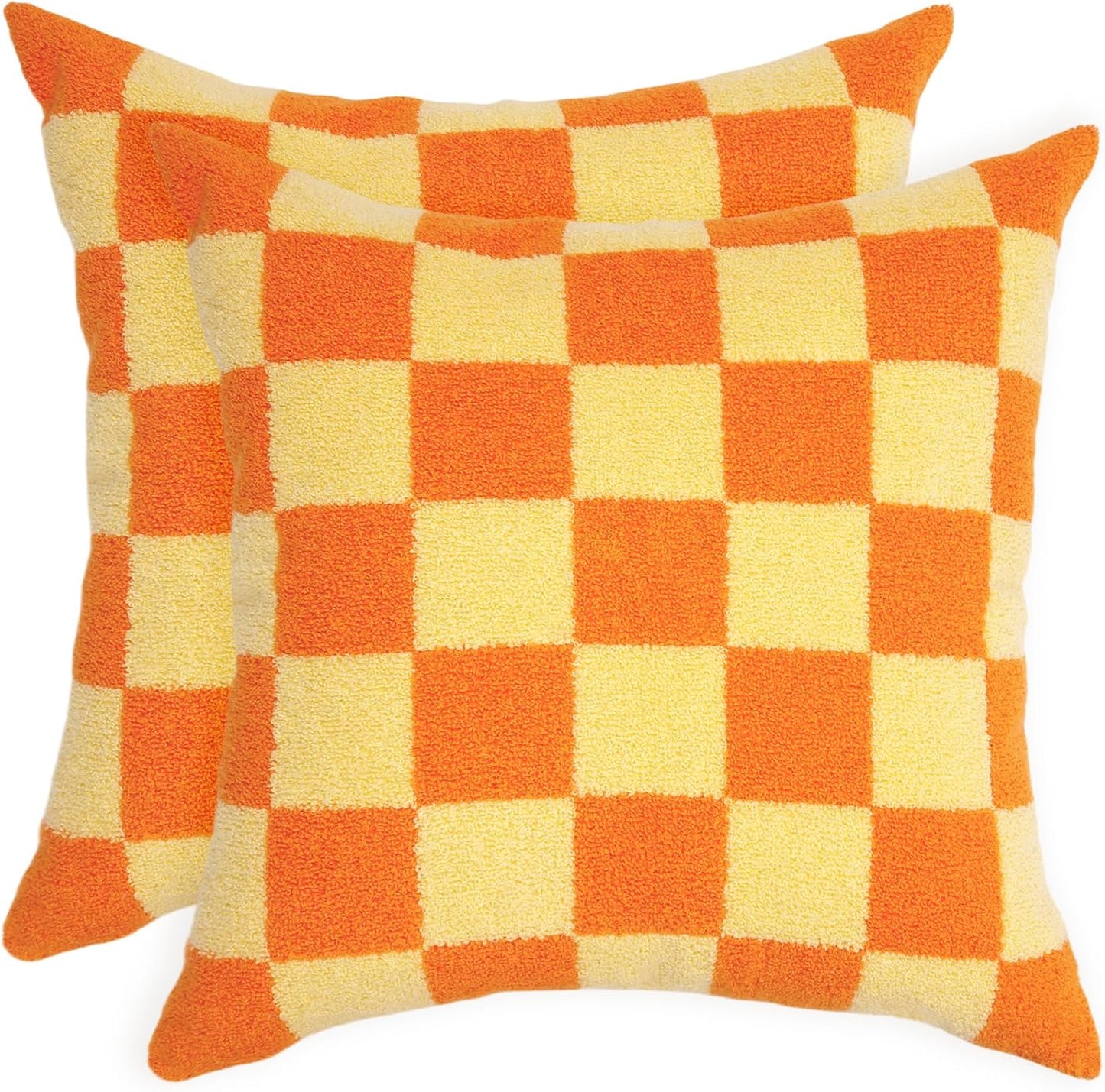 Alysheer Checkered Embroidered Decorative Throw Pillow Covers 18"x 18" Set of 2, Farmhouse Boho Orange Yellow Plaid Tufted Patterned Cotton Canvas Cushion Case for Sofa Couch Bed Living Room Outdoor