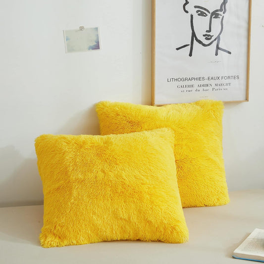 XeGe Faux Fur Throw Pillow Covers, Luxury Fluffy Plush Pillow Shams, Shaggy Decorative Pillow Cushion Cover for Sofa Bed Couch with Zipper Closure, Pack of 2 (18''x18'', Yellow)