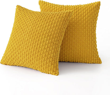 MIULEE Pack of 2 Decorative Throw Pillow Covers 18x18 Inch Soft Boho Striped Textured Corduroy Pillow Covers Modern Farmhouse Home Decor for Couch Bed Sofa Living Room Mustard Yellow