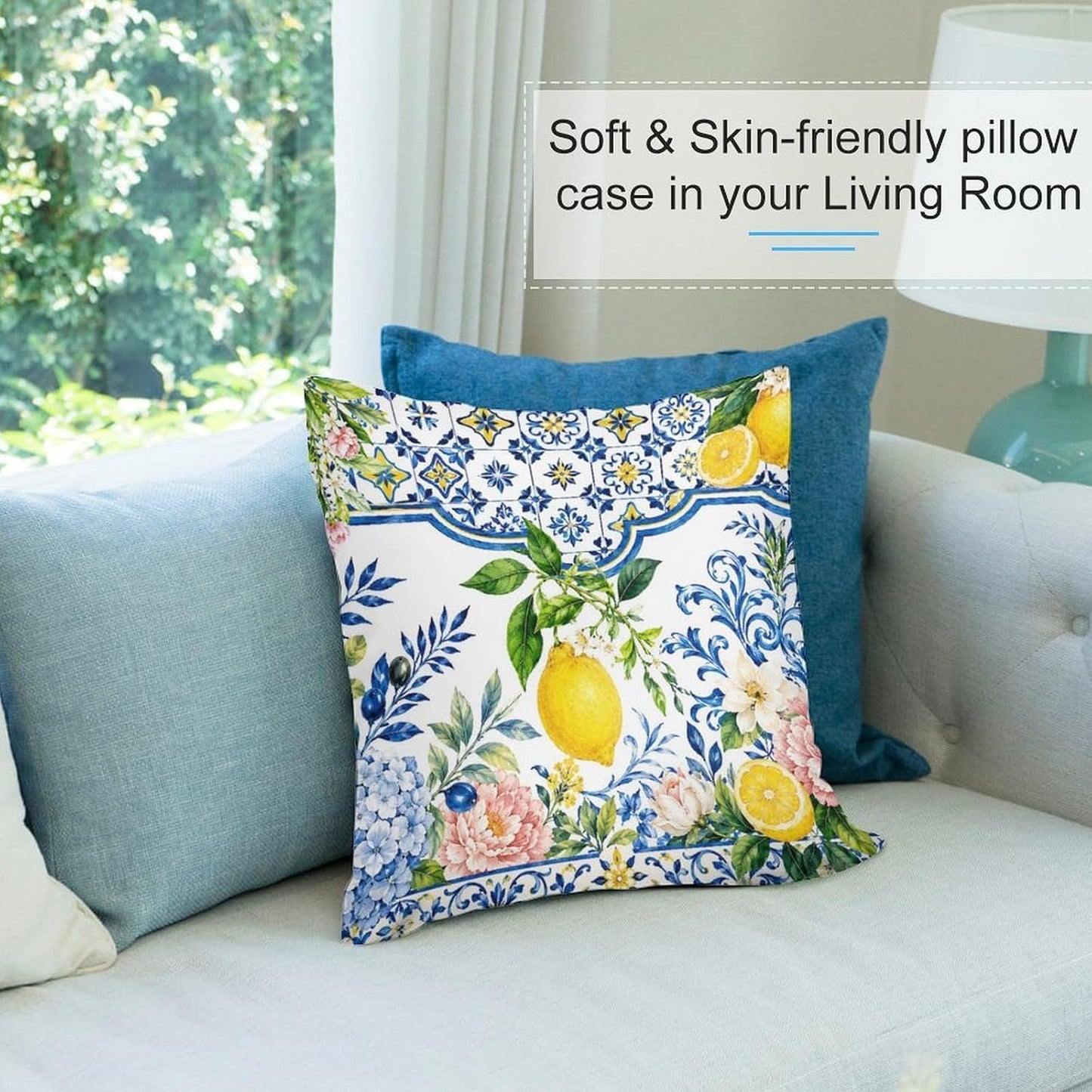 Throw Pillow Covers 18 "x18 Set of 2 - Summer Lemons Blue TilesDecorative Linen Pillow Covers Cushion Cases for Farmhouse Sofa Couch Outdoor Home Decorations