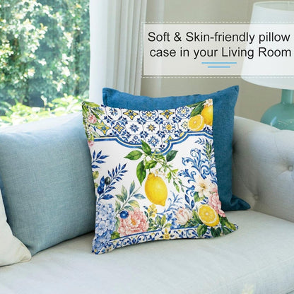Throw Pillow Covers 18 "x18 Set of 2 - Summer Lemons Blue TilesDecorative Linen Pillow Covers Cushion Cases for Farmhouse Sofa Couch Outdoor Home Decorations