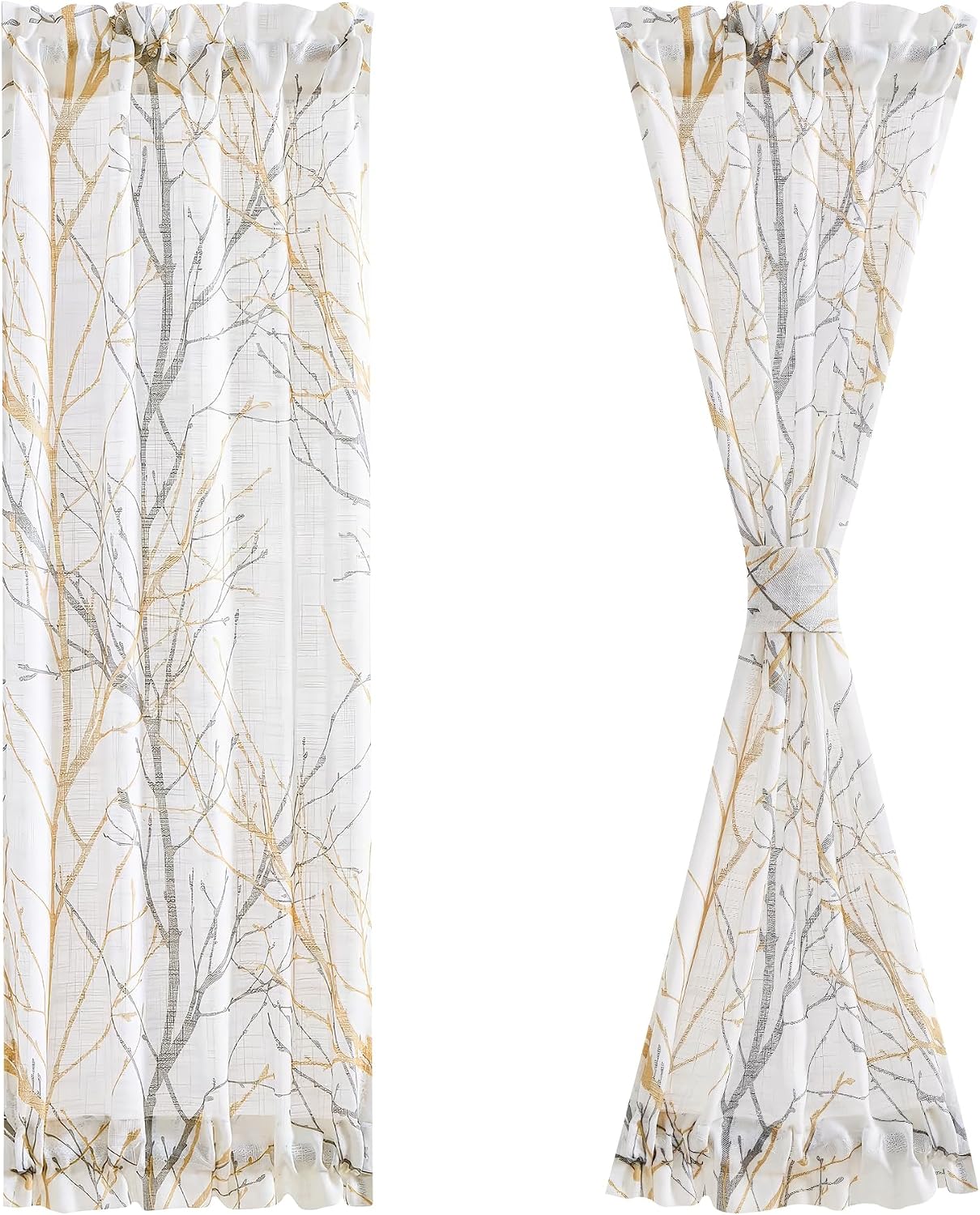 FMFUNCTEX Sheer Sidelight Front Door Curtains 40 Inches Long White Yellow Branch Tree Half Print Curtain for Patio Doors with Matching Tiebacks 24 Inches Wide 2 Panels Set