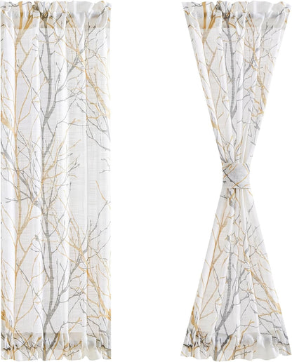 FMFUNCTEX Sheer Sidelight Front Door Curtains 40 Inches Long White Yellow Branch Tree Half Print Curtain for Patio Doors with Matching Tiebacks 24 Inches Wide 2 Panels Set