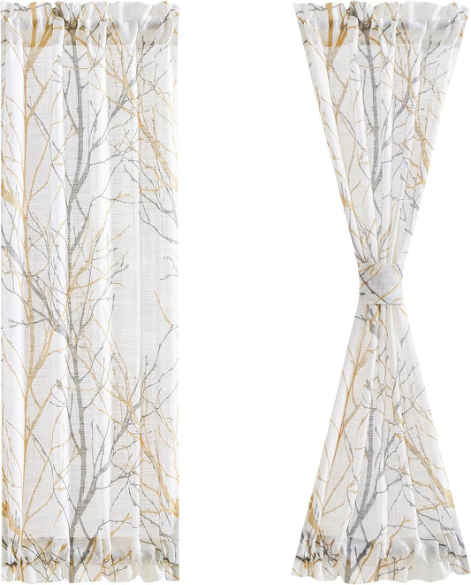FMFUNCTEX Sheer Sidelight Front Door Curtains 40 Inches Long White Yellow Branch Tree Half Print Curtain for Patio Doors with Matching Tiebacks 24 Inches Wide 2 Panels Set