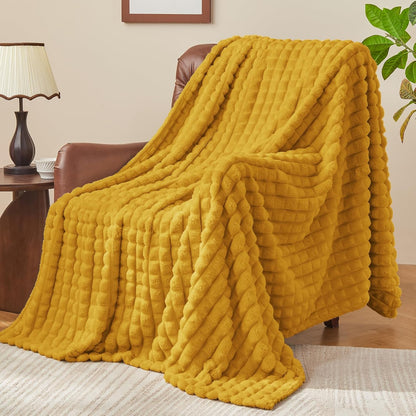 BEDELITE Mustard Yellow Throw Blanket for Couch - Soft Lightweight 3D Checkered Fluffy Fuzzy Fleece Blanket, Luxurious Plush Cozy Summer Blanket for Home Room Decor, Gift for Women, 50"x60"