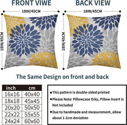 Navy Blue Yellow Pillow Covers 16x16 Set of 2 Grey Gray Dahlia Flower Outdoor Decorative Throw Pillows Modern Geometry Art Farmhouse Pillowcases Linen Cushion Case Decor for Home Sofa Couch Bed