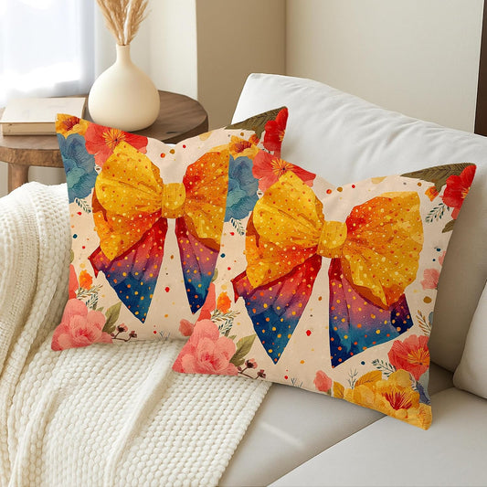 Vintage Floral Bow Throw Pillow Covers Set of 2, Bright Yellow Decorative Cushion Cases, Spring Summer Festive Home Sofa Decor, Chic Modern Style for Living Room Bedroom 20x20 Inch