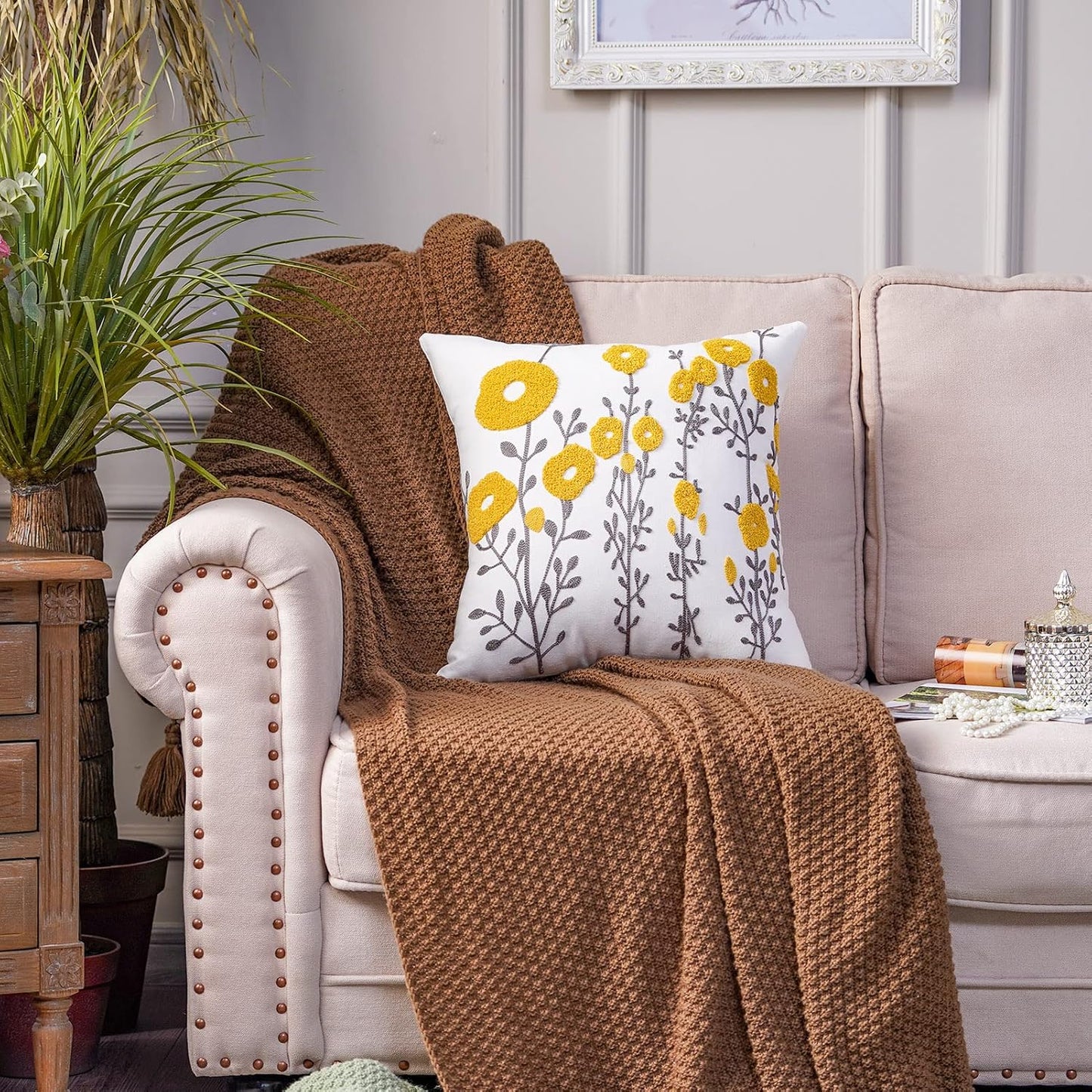 ARTMAGIC Yellow Throw Pillow Cover Embroidered Boho Flower Cushion Covers | Yellow 18"x18" Farmhouse Tufted Cushion Cover, For Couch Sofa Bed, Living Room Bedroom Decor