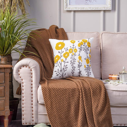 ARTMAGIC Yellow Throw Pillow Cover Embroidered Boho Flower Cushion Covers | Yellow 18"x18" Farmhouse Tufted Cushion Cover, For Couch Sofa Bed, Living Room Bedroom Decor