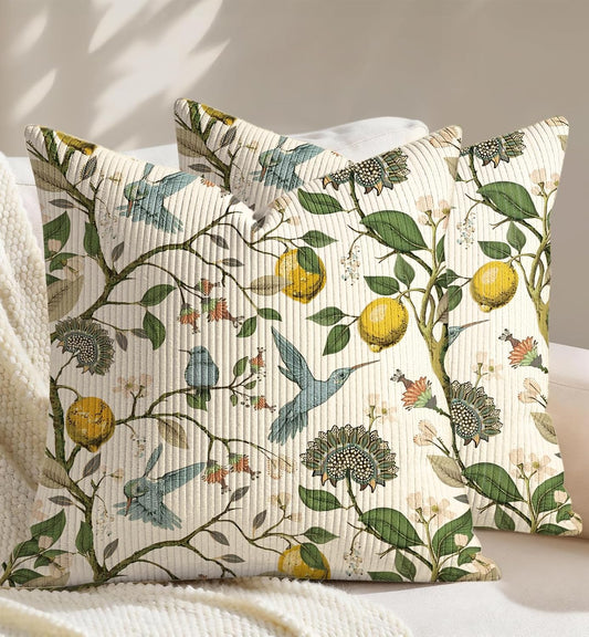Corduroy Throw Pillow Covers 20x20 Inch - Set of 2 Decorative Summer Spring Pillow Covers with Zipper Farmhouse Decor Cottage Throw Pillowcases for Couch Sofa Living Room Bedroom, Lemon Bird