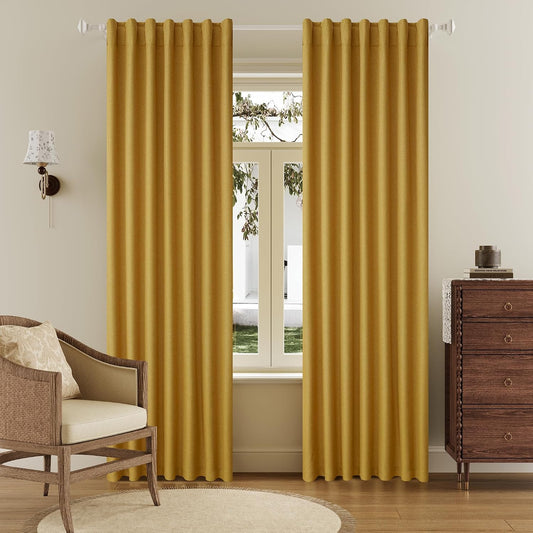 DUALIFE 100% Blackout Linen Yellow Curtains 84 Inch for Living Room Darkening, Bedroom Linen Drapes 84 Inches Long Rod Pocket/Back Tab Heat Blocking Bohemian Pleated Window Curtain(50"x84"x2)