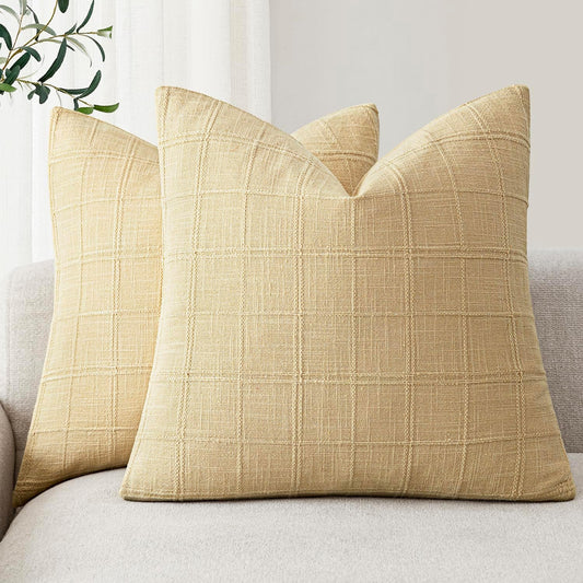 Foindtower Set of 2 Decorative Linen Check Throw Pillow Covers Neutral Farmhouse Vintage Cushion Covers Modern Boho Accent Home Decor for Sofa Chair Couch Bedroom Living Room,18×18 Inch,Light Yellow