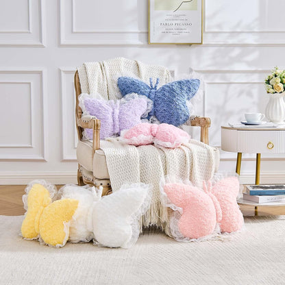 XVTRU Butterfly Pillow Yellow Decorative Pillows 15" Butterfly Shaped Cute Throw Pillows with Lace Aesthetic Bow Plush Cushion for Room Decor Bed Sofa Couch