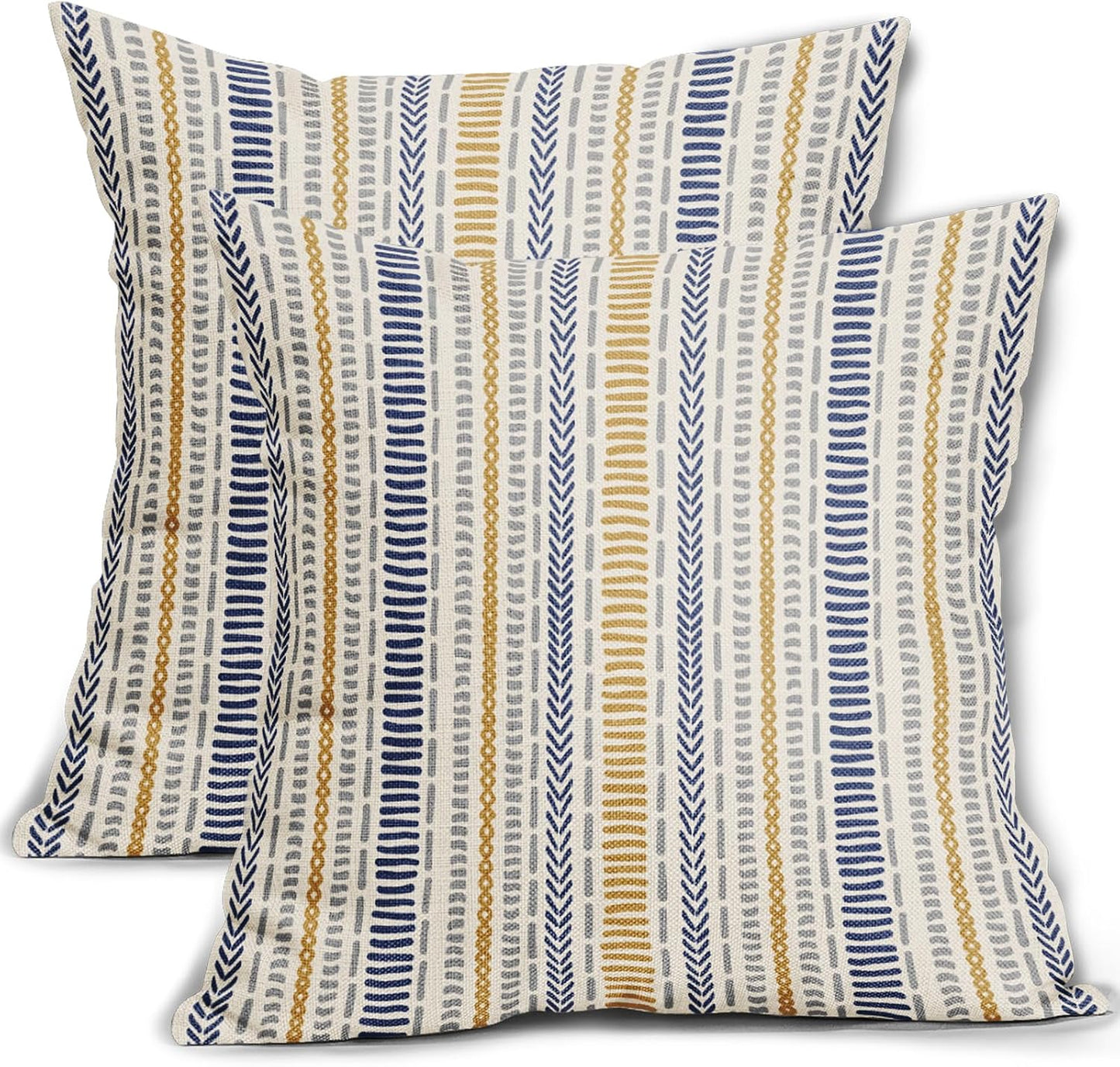 Blue Yellow Boho Striped Pillow Covers 18X18 Inch Set of 2, Navy Yellow Grey Gray Herringbone Print Pattern Decorative Throw Pillow Covers Outdoor Farmhouse Cushion Case Couch Sofa Bed Decor