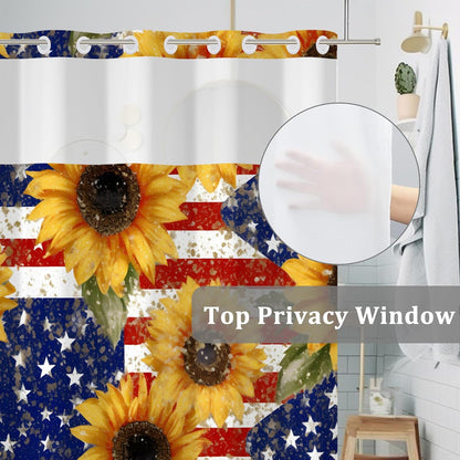 4th of July No Hook Shower Curtain with Snap in Liner Independence Day America Flag Memorial Day Sunflowers Double Layers See Through Top Window Open Grommet Bath Curtain 71x74 Inch